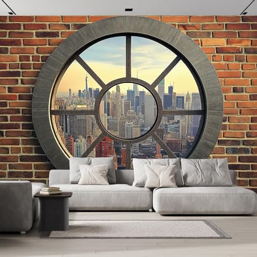 ANALTIRCE Wandbild Tapete Ziegelmauer Tapeten 250×175 cm Foto Tapete Schlafzimmer Wohnzimmer，Moderne Stadt Und Straßen Vor Dem Fenster Landschaft Bildtapete 3d Effekt Wandtapete