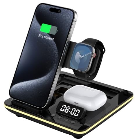 Aimtel 5 in 1 Foldable Charging Station compatible with Apple Watch Ultra 2/10/9/8,iPhone 16/16 Pro Max/16 Pro/16 Plus/15/14,Air-Pods Pro 4/3/2 with Alarm Clock and Nightlight Apple Wireless Charger