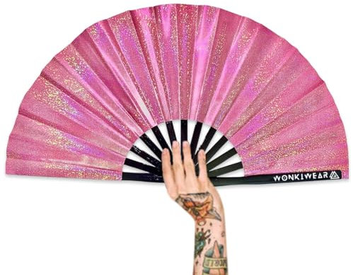 WONKIWEAR Fan, Folding Hand held, Luxury Holographic, Iridescent, Glitter, Large Strong Black Bamboo, Unisex for Raves, Festivals, Concerts, Drag Queen, Clack Fan, Gay Pride (Pink)