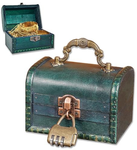 EVDZNA Vintage Holz Schatztruhe, 11,5x8x8cm/4,52x3,14x3,14in Holz Aufbewahrung Schatzkiste, Machen Sie Vintage Vintage Boxen, Schatztruhe mit Zahlenschloss, Mini Holztruhe für Aufbewahrung, Smaragd