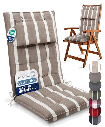 Beautissu 3er Set Premium Hochlehner Auflage Kopfpolster rutschfest robust | 120x50cm Beige Weiß gestreift 8cm dick Polster Gartenstuhlauflage rutschfest robust UV-Lichtechtheit 5 Sitzkissen Sun-HL