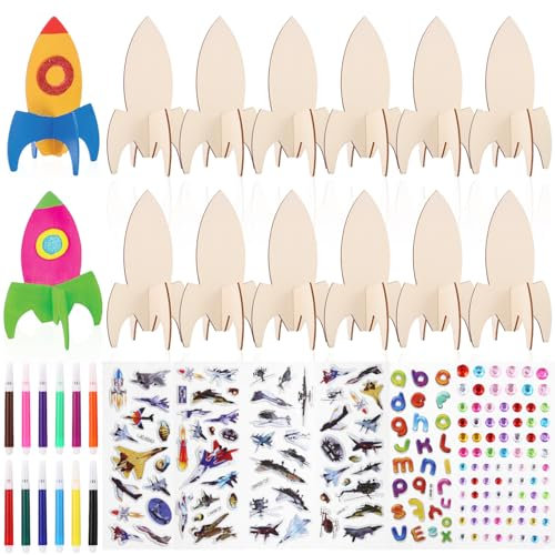 Goxiry Raketen Holz Bastelset 12 Stück Raketen Spielzeug für Kinder Bastelset Rakete zum Bemalen Form Unvollendete Kindergeburtstag Basteln für Mädchen Jungen DIY Handwerk Kindergarten