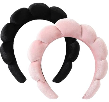 Ling & Bai Lot de 2 bandeaux de maquillage spa pour femme - Jolis bandeaux en velours pour le lavage du visage, la douche, le masque facial (noir, rose, taille unique)