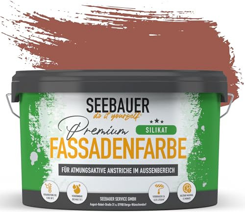 SEEBAUER diy Silikat-Fassadenfarbe Rot 5L für Außen (No. 318 Rose Hip) Atmungsaktive Mineralfarbe für Fassaden - Geeignet für Putz, Mauerwerk und Beton