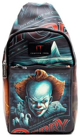 Warner Bros. Horror Movies Umhängetasche aus veganem Leder, It Chapter Two Pennywise Derry Circus Pose, 17,8 x 35,6 cm, Schwarz, 7 x 14