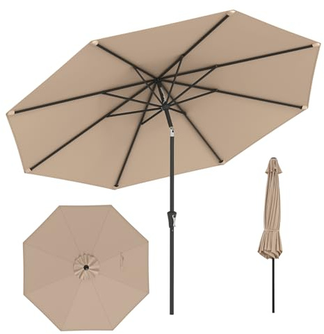 RELAX4LIFE Parasol Droit Inclinable 3M, Parasol de Jardin Extérieur 3M Rond, Inclinaison 25°, 8 Baleines, Manivelle, Polyester Résistant, Protection Solaire pour Balcon Terrasse (Marron)
