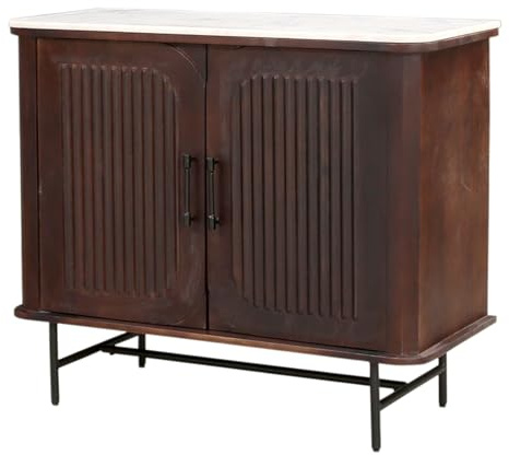 Marrakesch Modern Deko Kommode mit Türen aus Holz & Marmorplatte 95cm | Art Déco kleines Sideboard Komode Adwoa für stilvolle Aufbewahrung & Boho Dekoration im Wohnzimmer & Schlafzimmer