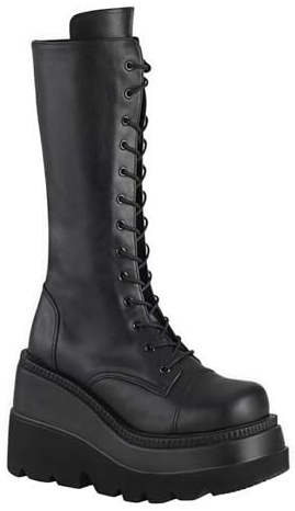 FQLGJMY Stivali da ginocchio con piattaforma a cuneo alto con tacco piattaforma grosso Lace Up & Zipper Punk Goth Stivali da combattimento di vitello medio Stivali da moto con fibbie in metallo