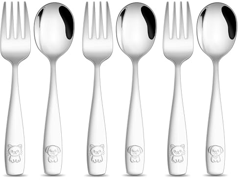 Joyfair 6-teilig Edelstahl Kleiner Kinderbesteck mit Gravur ab 3 Jahre | 3 x kindergabel und 3 x Kinderlöffel, Niedliche Gemusterte, Gesund & Spülmaschinenfest, Ergonomisches, Griffiges