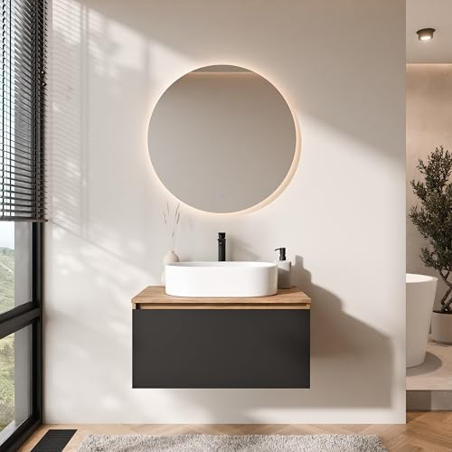Planetmöbel Arisa Badmöbel Set Waschtisch mit Unterschrank | 80 cm, gold eiche schwarz mit NOVA Spiegel, Waschbecken 55 cm gold eiche weiß, Raumsparsiphon