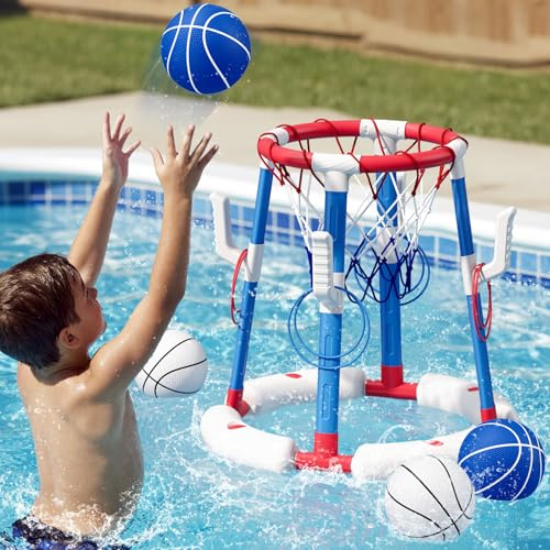 HYES Canestro da Basket per Piscina, Canestro Piscina Galleggiante con 4 Palline e Pompa, 8 Anelli, Set da Canestro Basket Giochi Acqua Piscina per Bambini e Adulti, Rosso