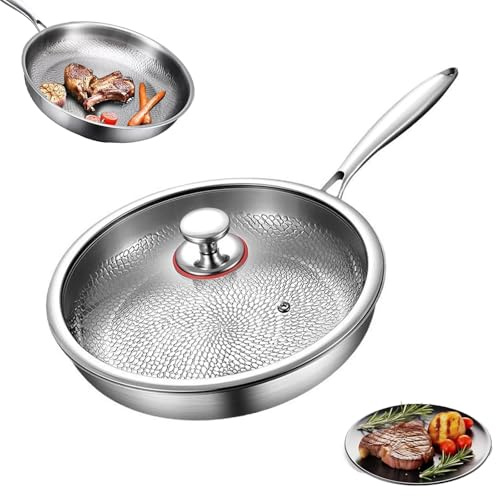 Titan Pfanne, Titan Bratpfanne, 28 CM Titanium Pfanne Unbeschichtet,Titanium Hammered Pan Pro mit Deckel, Physikalische Antihaft-Struktur durch gehämmertes Muster, Für alle Herdarten Induktion