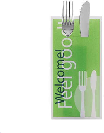Sovie HORECA Besteckserviette Feel Good Grün, 40 x 40 cm, 1/8 Falz, 100 Stück – Linclass® Airlaid Servietten mit patentiertem Besteckschlitz und Welcome-Motiv für Gastronomie & Events