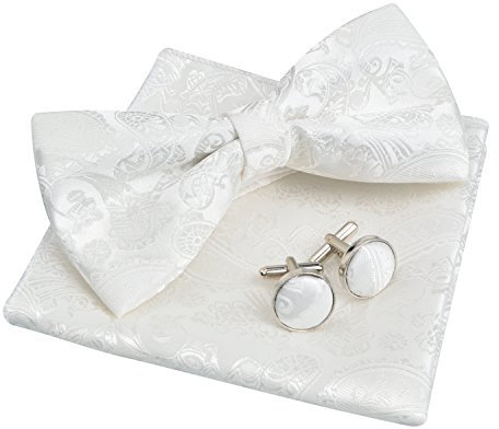 Alizeal Herren Paisley Fliege, Einstecktuch, Manschettenknöpfe Set (Weiß)(Größe: Einheitsgröße)