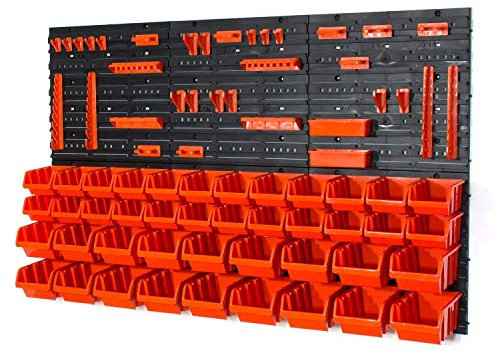 Storage bins with wall mounted panel - 24 small and 18 medium bins (Orange +Hooks)