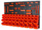 Storage bins with wall mounted panel - 24 small and 18 medium bins (Orange +Hooks)