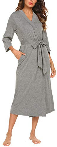 UNibelle Peignoir Femme Chemise de Nuit à Col en V Robe de Chambre Polaire à Manches 3/4 Peignoir Femme de Bain Tissu éponge pour Le Cadeau de Noël,A-gris Foncé,S