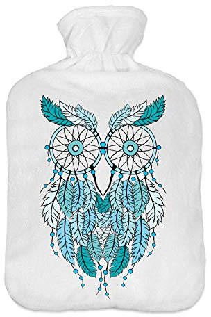 Hot Cold Water-Bottle with Soft Fleece Cover Water-Bag 2 litreDreamcatcher Owl [092]