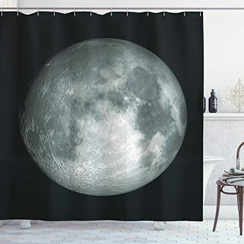 ABAKUHAUS Galaxis Duschvorhang, Trippy Mond Planet Weltraum, Stoffliches Gewebe Badezimmerdekorationsset mit Haken, 175 x 200 cm, Grau schwarz