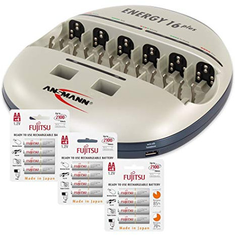 ANSMANN Individual Cell Battery Charger Energy 16 Plus for NiMH Rechargeable Batteries AAA, AA, C, D, 9V with USB Port, Includes 12 Fujitsu Rechargeable Batteries AA 2000 mAh