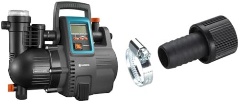 Gardena Station de Pompage 5000/5E Lcd Comfort : Pompe Domestique & Adaptateur pour Tuyau d'Aspiration 25 mm de Gardena (1) : Adaptateur de Pompe avec Collier de Serrage pour une Connexion Étanche