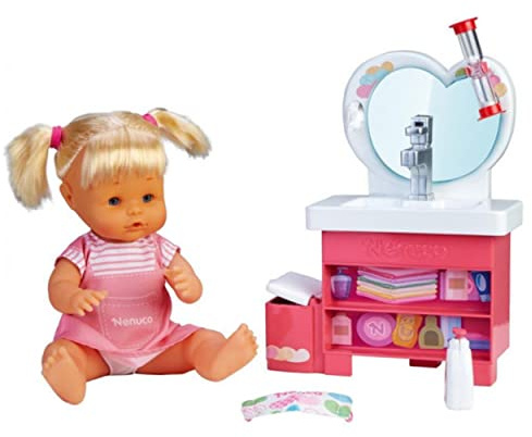 Nenuco Muñeco bebé de Cuerpo Duro, con Lavabo de Juguete Que Funciona y Accesorios, para Jugar a los cuidados y Aprender, para niños y niñas de 3 años, Multicolor