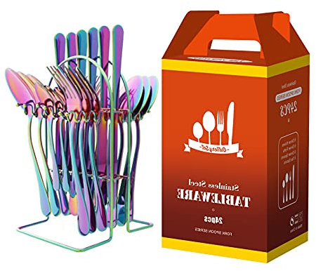 HYCSC Juego de cubiertos con soporte, juego de vajilla de acero inoxidable premium, apto para lavavajillas, bonito juego de regalo de utensilios familiares (Rainbow)