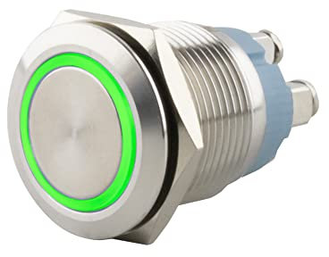 SeKi Edelstahl Drucktaster Ø19mm tastend flacher Kopfform farbig beleuchtetem LED Ring in grün Schraubanschluss; Klingeltaster