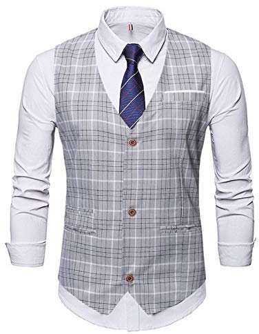 Anzug Vest Men Vintage-Plaid Ärmel Einreiher Gilet Homme Kostüm Mode-Geschäfts-Hochzeit Formal Herren Weste Westen (Color : Gray, Size : L.)