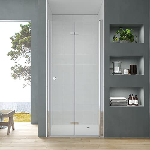 Duschtür Glas Dusche 90 cm breit Falttür Nische ohne Rahmen Nischentür faltbar klappbar Drehfalttür Duschabtrennung Duschwand Glas rahmenlos inkl. Duschtürdichtung Lippendichtung Magnetdichtung