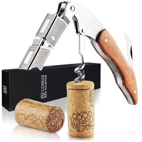 CORKAS Korkenzieher Holz Kellnermesser - Profi Korkenzieher aus Edelstahl in Gastronomie Qualität mit Flaschenöffner und Folienschneider – Ideales Kellnermesser für Weinliebhaber