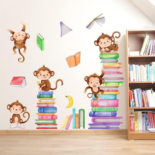 Affe Wandaufkleber Tiere Affe Lesen Bücher Wandaufkleber für Baby Kinderzimmer Kinderzimmer Klassenzimmer Wanddekoration