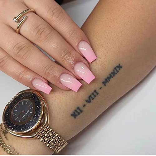 Lot de 24 faux ongles courts carrés à coller sur les ongles - Rose dégradé - Faux ongles French Tip - Amovibles - Faux ongles - Accessoires Nail Art