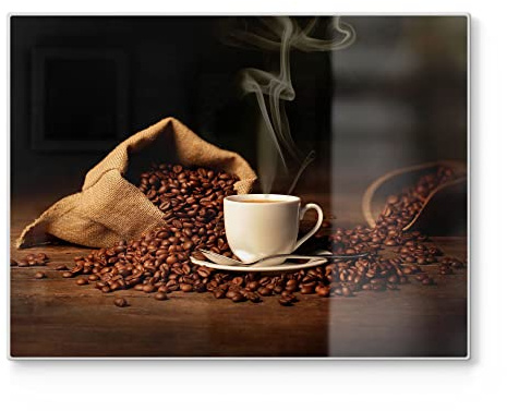 DEQORI Schneidebrett aus Glas | groß 40x30 cm | Motiv Kaffeetasse mit Bohnen | Design Schneideplatte für Küche | Frühstücksbrett antibakteriell & rutschfest | Glasplatte & Servierplatte