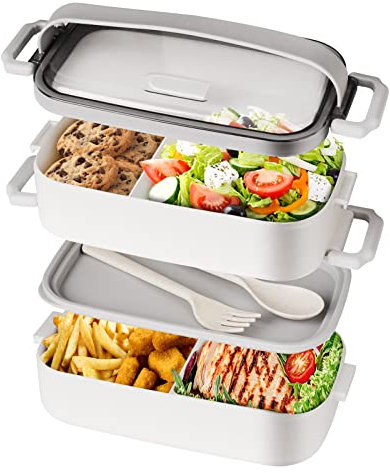 Beeptrum Brotdose, Lunchbox Erwachsene,stapelbare 1600ml Bento Lunchbox mit Utensilienset, 2 Fächer verstellbar, auslaufsicher, BPA-frei, mikrowellengeeignet,Weiß