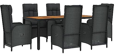 vidaXL Garten Essgruppe 7-TLG., Gartenmöbel Set mit Kissen, Gartengarnitur Tisch 6 Stühle mit Liegefunktion, Sitzgruppe Gartenset, Schwarz Poly Rattan