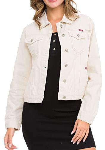 Cipo & Baxx Damen Jacke WJ212 Beige – Stylische Jeansjacke im Casual Streetwear Look mit Knopfleiste & Brusttaschen – Übergangsjacke für Alltag & Freizeit – WJ212 Beige L