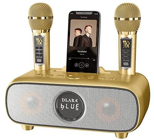Upgrade Karaoke Maschine für Erwachsene und Kinder, tragbares Bluetooth 2 UHF drahtloses Karaoke Mikrofon mit Halterung/USB/TF-Karte/AUX-in, PA-Lautsprechersystem für draußen/drinnen-Gold