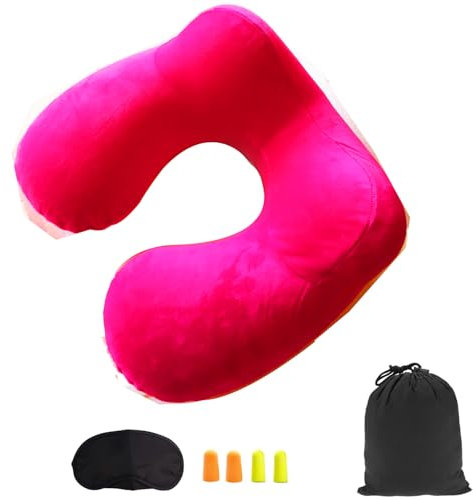Oreiller de Voyage Gonflable avec Vanne,Coussin de Cou Gonflable de Velours Doux avec Bouchon d'oreille et Masque pour Les Yeux (Rose)