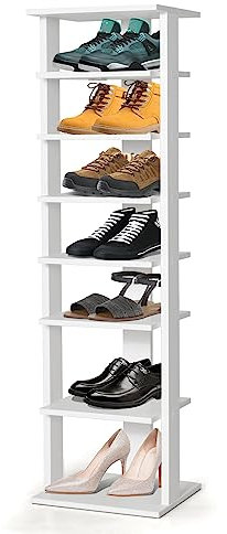 HOMASIS Schuhregal mit 8 Ebenen, höheverstellbar Schuhständer aus Holz, platzsparender Schuhorganizer mit Kippsicherung, freistehendes Schuablage, Lagerregal Eckregal für Flur (Weiß, Einzel)