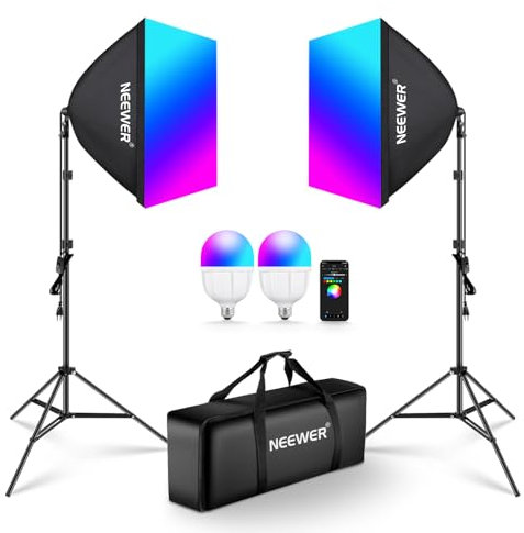 NEEWER RGB Softbox Beleuchtungsset mit App Steuerung und 9 Effektmodi, 2er Pack 24W CE/UKCA zertifizierte LED Lampen CRI93+ TLCI98+,E27 Porzellanfassungen,24 Softboxen,für Studiofotografie, NK800