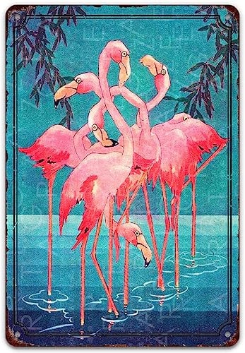 Pinker Flamingo Vintage Metallschild Flamingos spielen im Wasser, lustige Blechschilder Flamingo Wanddekoration für Zuhause, Küche, Badezimmer, Strand, Garten, Wanddekoration, Kunst, Geschenke, 14 x