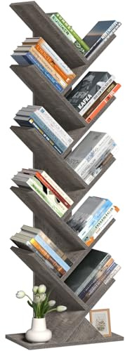 SHEEPAM Bücherregal mit 10 Etagen, bodenstehendes Holz-Bücherregal für engen Raum, Aufbewahrungs-Organizer, Bücherregale für Bücher/CDs/Zeitschriften, Bücherregal mit Regalen für Heimbüro, Wohnzimmer