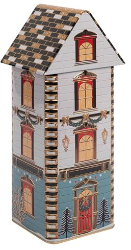 POWERHAUS24 Blechdose Paris Christmas House, Weihnachtsdeko oder Aufbewahrung für Plätzchen & Lebkuchen, lebensmittelecht, 9,5 cm x 9,5 cm x 27,5 cm, Weihnachts-Edition mit 2 Rezepten
