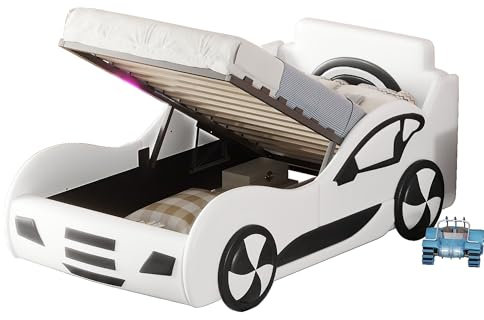 Azkoeesy Einzelbett mit Lattenrost und Stauraum, 90x200 cm, Polsterbett, Kinderbett, Autobett, mit hydraulischem Bettkasten und Fallschutz, Kunstleder-Bezug, weiß