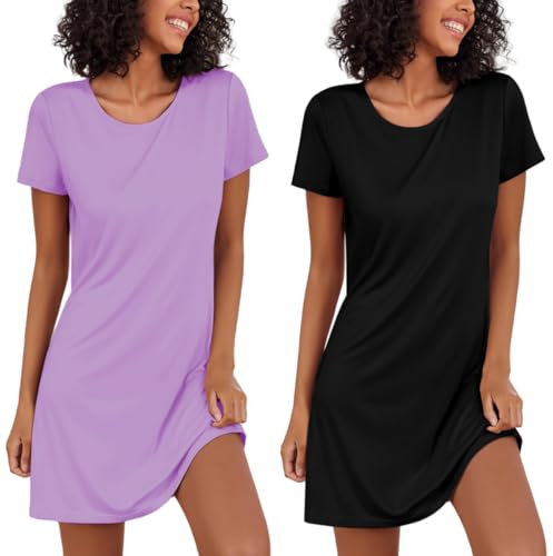 Ekouaer Camicia da Notte Donna Estiva Vestiti Donna Estivi Corta Camicia Notte Maniche Corte Nightdress Girocollo 2pcs, Viola+Nero, L