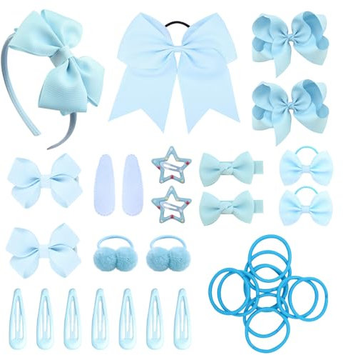 SKHAOVS 33 Stück Blau Schleife Haarschmuck Set - Elastische Haargummi, Stirnband, Schleifen Band für Mädchen - Mini Haarband Soft Kinder (Himmelblau)