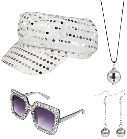 XEPST 70er Jahre Outfit Damen mit Pailletten Hut Ohrringe Discokugel Halskette Disco Sonnenbrille Strass Glitzer Accessoires für Karneval Fasching Disco Themenparty Mottoparty