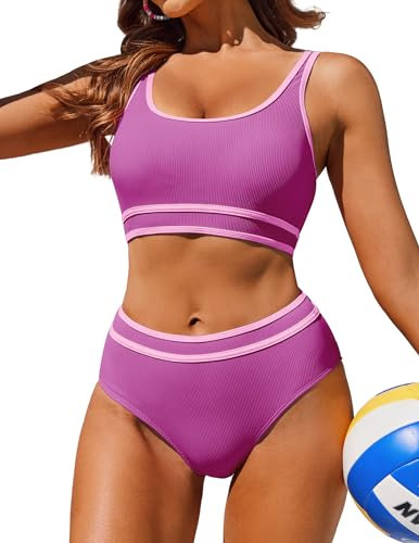 AI'MAGE Sport Bikini Damen Bauchweg Wickeloptik Bikini Set Gerippte Bademode Sportlich Badeanzug Push Up, Rose Rot XL