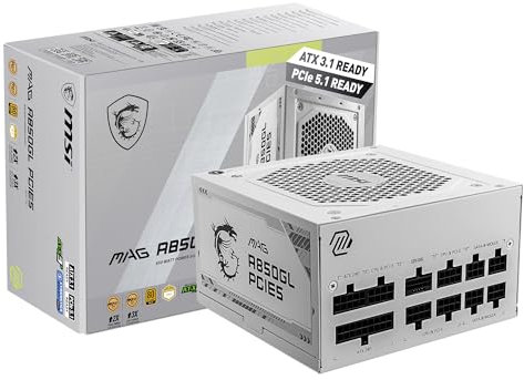 MSI Fuente de alimentación para Juegos mag 850GL PCIE 5 Blanca - Full Modular - 80 Plus Gold Certificado 850W - Tamaño Compacto - ATX PSU